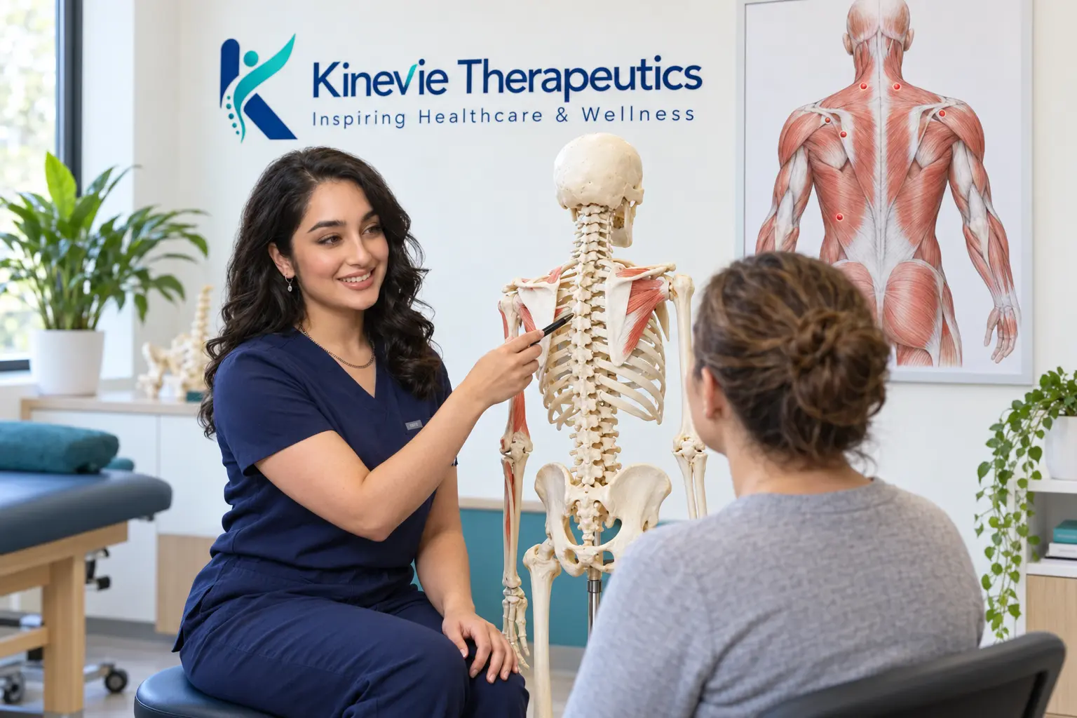 Salma explaining bones, muscles and trigger points using an anatomical model